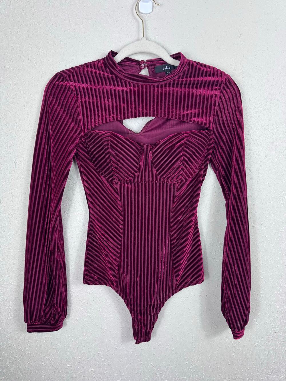 Lulus Always Alluring Burgundy Striped Velvet Cutout Bustier Bodysuit Size XS